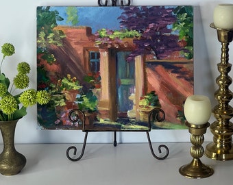 Vintage Southwest Adobe House Oil Painting: Floral Garden Scene (11 X 14)