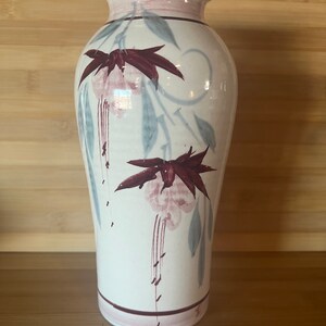 Vintage Studio Pottery Vase: Hand-Thrown Fuchsia Floral Design (8.75")