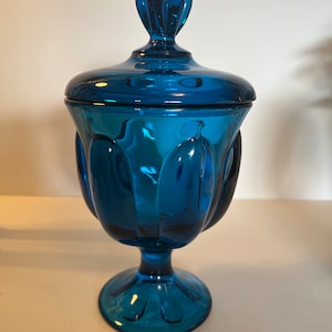 Vintage Azure Blue Glass Apothecary Jar Lidded Candy Dish by Viking Epic 6 petal Pattern Pedestal Base Mid Century Modern MCM Retro 10" Tall