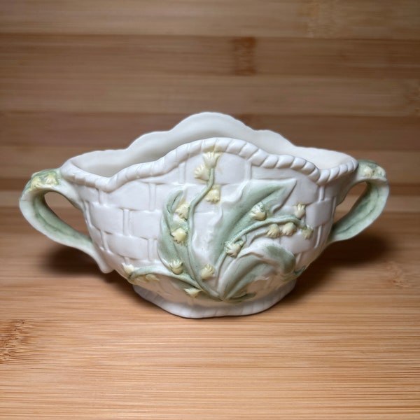 Vintage lily of the Valley Ceramic Sugar bowl Server Basket Weave pattern White Green Floral Farmhouse Style Retro Handles