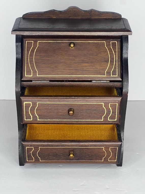 Vintage Wood Jewelry Box: Mini Secretary Desk with Gold Detail