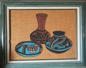 Vintage Southwest Sand Painting: Framed Pottery on Burlap, Turquoise Wood Frame