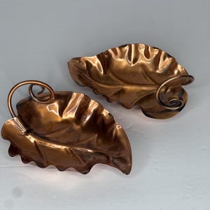 May include: Two copper leaf-shaped dishes with curled handles. The dishes have a shiny, metallic finish and are detailed with leaf vein patterns. The copper color is warm and rich, reflecting light. These decorative dishes could be used for serving or display.