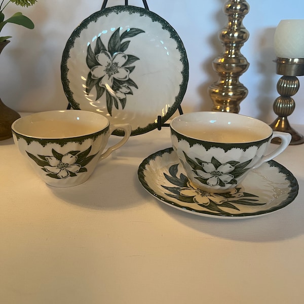 Vintage Forest Green Dogwood Green Tea Cups Set of 2 With Saucers Hand Painted  1950's Royal China Woodbury Floral Swirl