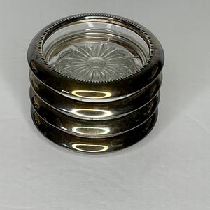 Set of 4 Crystal Silver Plated Coasters Silver Plate Drinking Glass Coaster Vintage Retro Home Decor