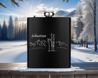 Edelstahl Flachmann Matt-Schwarz mit Lasergravur | Design Ski | Personalisierter Flachmann