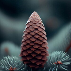 May include: Close-up of a brown pine cone with overlapping scales, set against a blurred background of blue-green pine needles. The cone is in sharp focus, showcasing its intricate texture and natural beauty.
