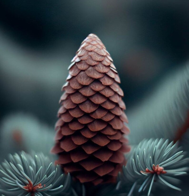 May include: Close-up of a brown pine cone with overlapping scales, set against a blurred background of blue-green pine needles. The cone is in sharp focus, showcasing its intricate texture and natural beauty.
