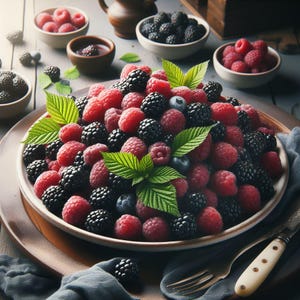 May include: A large plate overflowing with fresh raspberries and blackberries, garnished with green mint leaves. Several small bowls of berries and a small bowl of sauce surround the plate. A fork and knife with white handles are on the right.