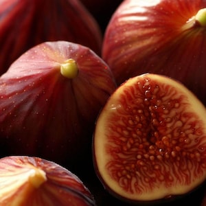 May include: Close-up of a group of ripe figs, some whole and one cut open, revealing the red flesh and small seeds. The figs are a deep burgundy color with a slightly glossy finish.