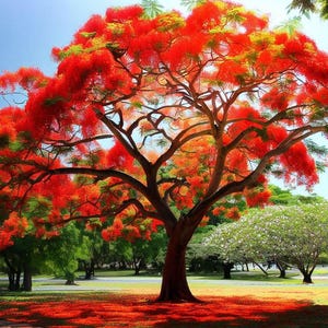 May include: A large tree with vibrant red flowers and green foliage. The tree's trunk is brown, and its branches spread out against a blue sky. The ground is covered with fallen red petals, creating a colorful scene.