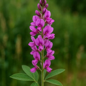 May include: A close-up of a vibrant purple flower spike with multiple blooms. The flower has a vertical stem with green leaves. The background is a soft, blurred green, creating a natural and serene aesthetic. The flower's petals are a rich shade of purple.