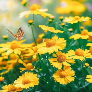 May include: A vibrant field of yellow flowers with orange centers and green stems. A butterfly with orange and brown wings is perched on one of the flowers, creating a scene of natural beauty and tranquility.