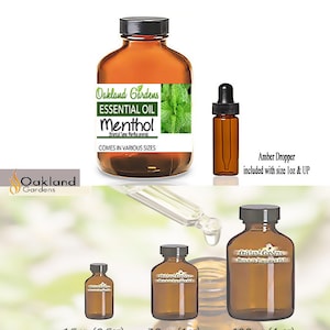May include: A set of amber glass bottles containing menthol essential oil. The bottles come in three sizes: 0.5 oz, 1 oz, and 4 oz. Each bottle has a black cap and an amber dropper. The label on the largest bottle reads "Oakland Gardens Essential Oil Menthol".
