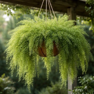 May include: A hanging basket filled with a vibrant green plant. The plant has delicate, needle-like foliage that cascades downwards, creating a full, lush appearance. The basket is a warm brown color and is suspended by natural-colored rope.