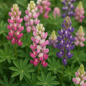 May include: Close-up of vibrant lupine flowers in shades of pink, purple, and white. The flowers are arranged in tall, dense spikes, surrounded by green, palm-shaped leaves. The image showcases the natural beauty of these colorful blooms.