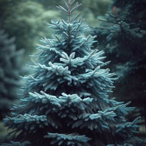 May include: A close-up of a blue spruce tree with soft, needle-like foliage. The tree's branches are layered, creating a full, textured appearance. The background is a blurred, dark green, suggesting a forest setting. The overall tone is cool and serene.