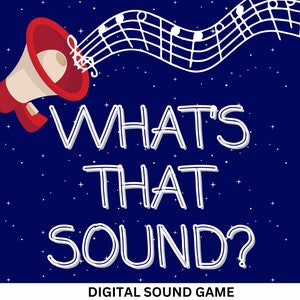 Op de afbeelding: Een witte megafoon met een rode hoorn wijst naar rechts. Een witte notenbalk met noten komt uit de megafoon. De tekst "WHAT'S THAT SOUND?" is in wit met een zwarte omtrek geschreven. De tekst "DIGITAL SOUND GAME" is in wit onderaan de afbeelding geschreven.