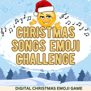 Könnte beinhalten: Ein digitales Weihnachts-Emoji-Spiel mit einem gelben Emoji, das einen Weihnachtsmann-Hut trägt. Der Text lautet "Christmas Songs Emoji Challenge" und "Digital Christmas Emoji Game".
