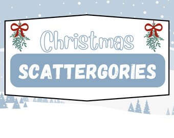 May include: A digital Christmas game called "Christmas Scattergories" with a blue background and a white snowy landscape. The title is in a blue font with a white outline. There are two mistletoe sprigs with red bows on either side of the title.