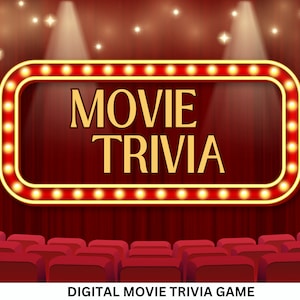 May include: A red velvet curtain with a movie trivia game sign. The sign is a red and yellow marquee with the words "MOVIE TRIVIA" in gold letters. The sign is lit up with yellow lights. There are rows of red theater seats in front of the sign.