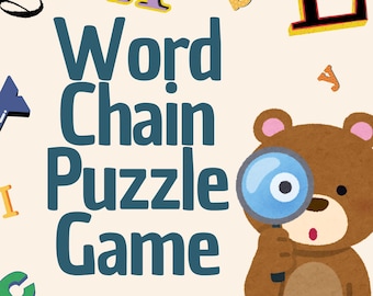 Könnte beinhalten: Verspielte Illustration für ein Worträtselspiel. Das Bild zeigt einen braunen Bären, der eine Lupe hält, mit den Worten "Word Chain Puzzle Game" in Türkis. Verstreute Buchstaben in verschiedenen Farben ergänzen das Design.