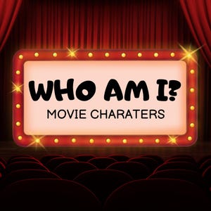 Könnte beinhalten: Ein roter Samtvorhang als Hintergrund mit einem Vintage-Leuchtreklameschild, auf dem "Wer bin ich? Filmfiguren" steht. Das Schild hat einen gelben Rand und Glühbirnen am Rand.