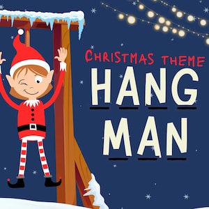 May include: A Christmas-themed illustration featuring a cartoon elf winking and raising their arms. The elf is wearing a red and white outfit with a black belt. The text "Christmas Theme Hang Man" is displayed on a dark blue background.