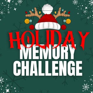 Puede incluir: Gráfico festivo con las palabras "HOLIDAY MEMORY CHALLENGE" en rojo y blanco. El diseño presenta un gorro de invierno rojo y blanco con cuernos de reno y luces navideñas, sobre un fondo verde oscuro con copos de nieve.