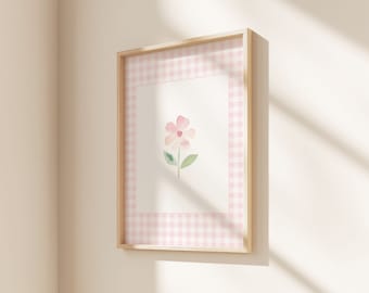 Light Pink Gingham Watercolor Pink Flower Art, Baby Girls Pink Nursery, Pink Flower | Digital Download |Printable Wall Art |Really Aesthetic