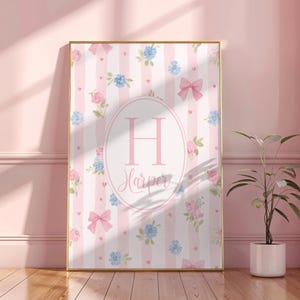 Custom Name Initial Pink and Blue Floral Nursery Art,Pink Bow Stripes Girl Dorm Room| Digital Download| Printable Wall Art| Really Aesthetic