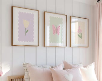 チューリップの蝶のアート3点セット、ピンクイエローのチューリップ、スカロップスタンプ パステル ナーサリー | デジタルダウンロード | 印刷可能なウォールアート | 本当に美しい