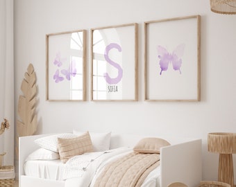 Custom Initial Butterflies Art, Lilac Purple Watercolor, Girls Nursery Art, Set of 3| Digital Download| Printable Wall Art| Really Aesthetic