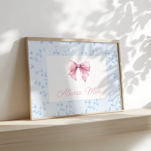 Custom Name Pink and Blue Bow Art, Pink Bow, Baby Blue Pink Newborn Nursery Room | Digital Download | Printable Wall Art | Really Aesthetic