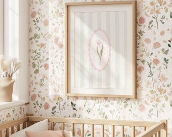 Light Pink Tulip and Green Stripes Art, Cottage Floral Nursery Spring Art Pink Green| Digital Download |Printable Wall Art |Really Aesthetic