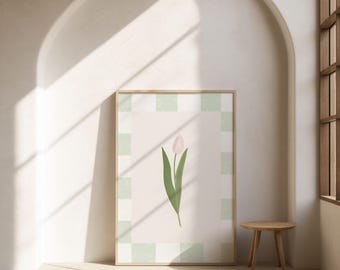 Checkered Green Light Pink Tulip Art, Cottage Floral Nursery Spring Art Pink Green| Digital Download |Printable Wall Art |Really Aesthetic