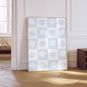 Baby Blue Checkered Flowers Art, Baby Blue Nursery, Checkered Aesthetic Posters | Digital Download | Printable Wall Art| Really Aesthetic