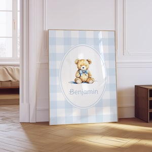Custom Name Light Blue Nursery Art, Teddy Bear Blue Gingham Plaid Boys Nursery Room | Digital Download| Printable Wall Art| Really Aesthetic
