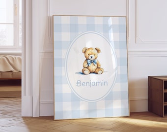 Custom Name Light Blue Nursery Art, Teddy Bear Blue Gingham Plaid Boys Nursery Room | Digital Download| Printable Wall Art| Really Aesthetic