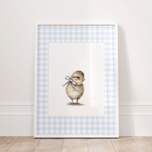 Light Blue Gingham Watercolor Baby Bird Nursery Art, Blue Bow Gingham Plaid, Newborn| Digital Download|Printable Wall Art| Really Aesthetic