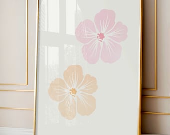 Pink and Orange Hibiscus Flower Print, Floral Gallery Wall, Minimal Tropical Art | Digital Download |Printable Wall Art | Really Aesthetic