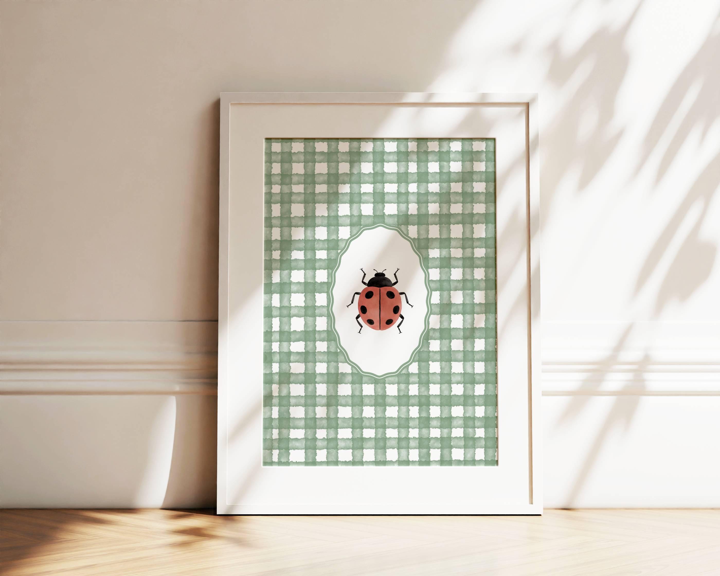 Vintage Ladybug Wall Art, Green Gingham Nursery Decor, Cottagecore Bug ...