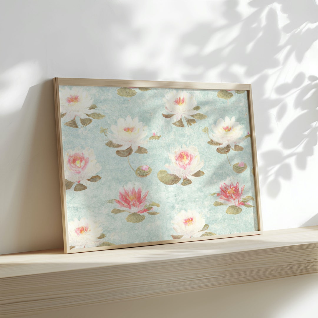 Lotus in Pond Pink Mint Green Wall Art Print, Printable Lotus Art ...