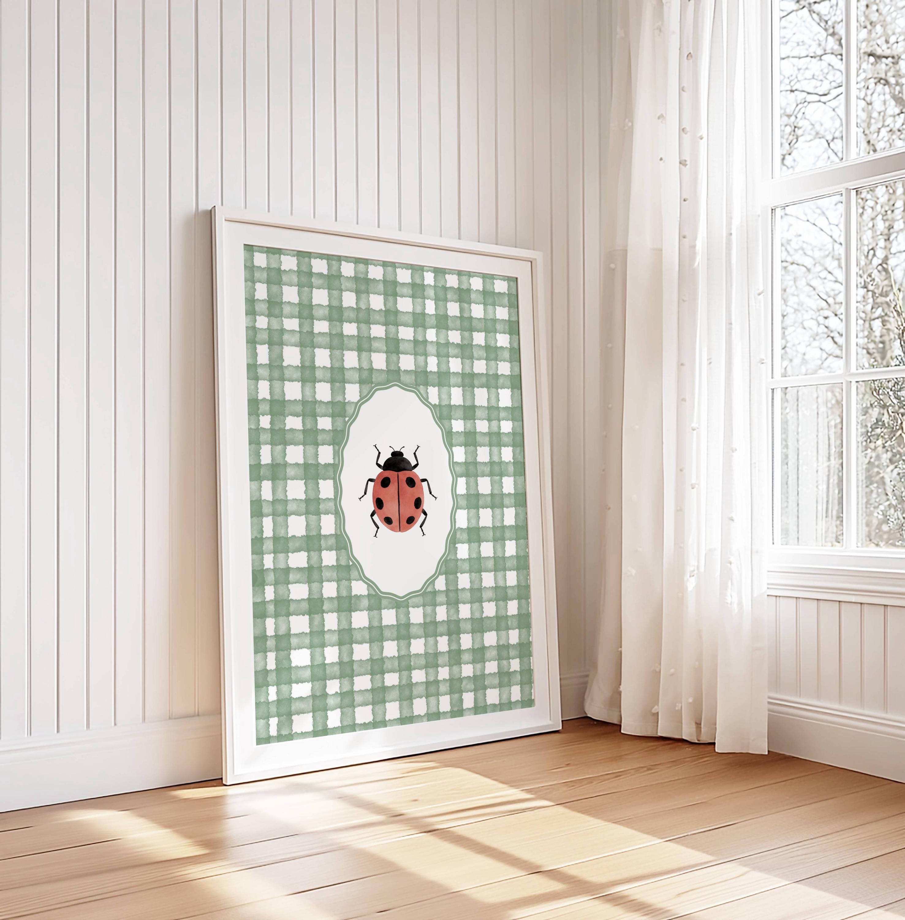 Vintage Ladybug Wall Art, Green Gingham Nursery Decor, Cottagecore Bug ...