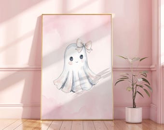 Ghost with Pink Bow Art, Blush Pink Girls Room Nursery, Pink Halloween Art Coquette | Digital Download | Printable Wall Art|Really Aesthetic
