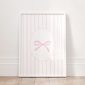 Light Pink Bow and Pink Stripes Nursery Art, Newborn Girls Room Art, Preppy Art | Digital Download | Printable Wall Art | Really Aesthetic
