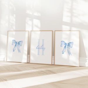 Light Baby Blue Bow Watercolor Custom Initial Name Art, Blue Nursery Art Set of 3| Digital Download| Printable Wall Art | Really Aesthetic
