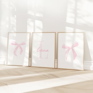 Light Pink Bow Custom Initial Name Art, Pink Girly Posters, Pink Nursery Set of 3 | Digital Download| Printable Wall Art | Really Aesthetic