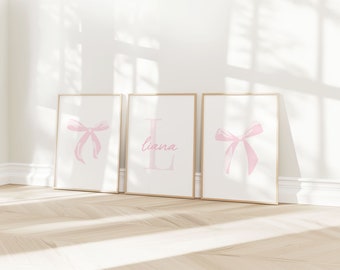 Light Pink Bow Custom Initial Name Art, Pink Girly Posters, Pink Nursery Set of 3 | Digital Download| Printable Wall Art | Really Aesthetic