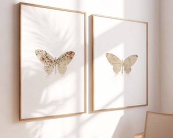 Set of 2 Vintage Butterfly Prints, Floral Vintage Art, Cottagecore, Beige Butterfly | Digital Download| Printable Wall Art |Really Aesthetic